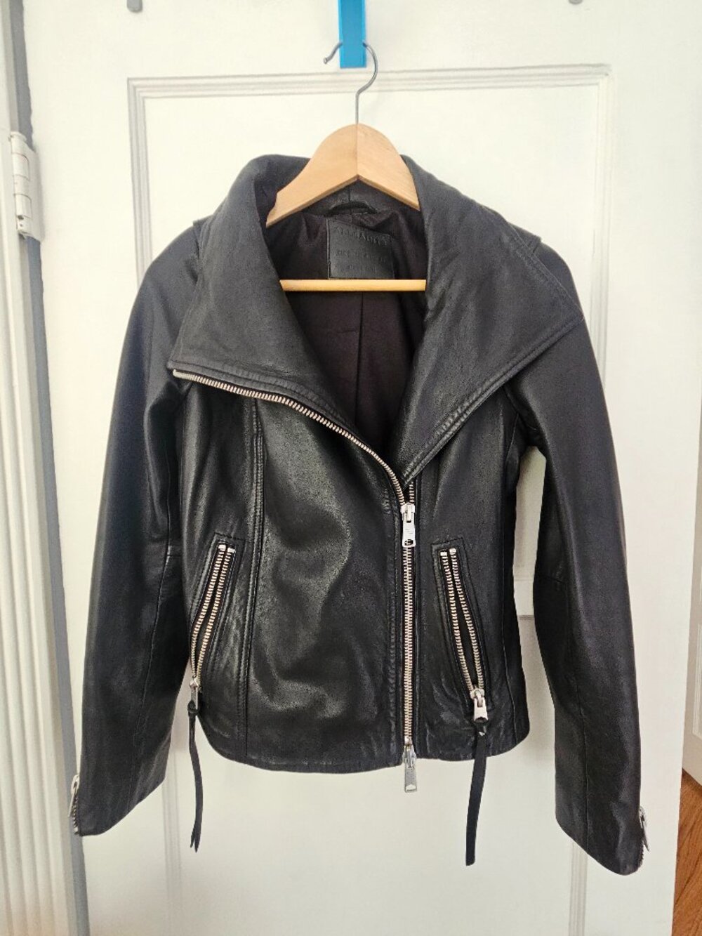 Allsaints Dalby asymmetrical side zipper black leather jacket